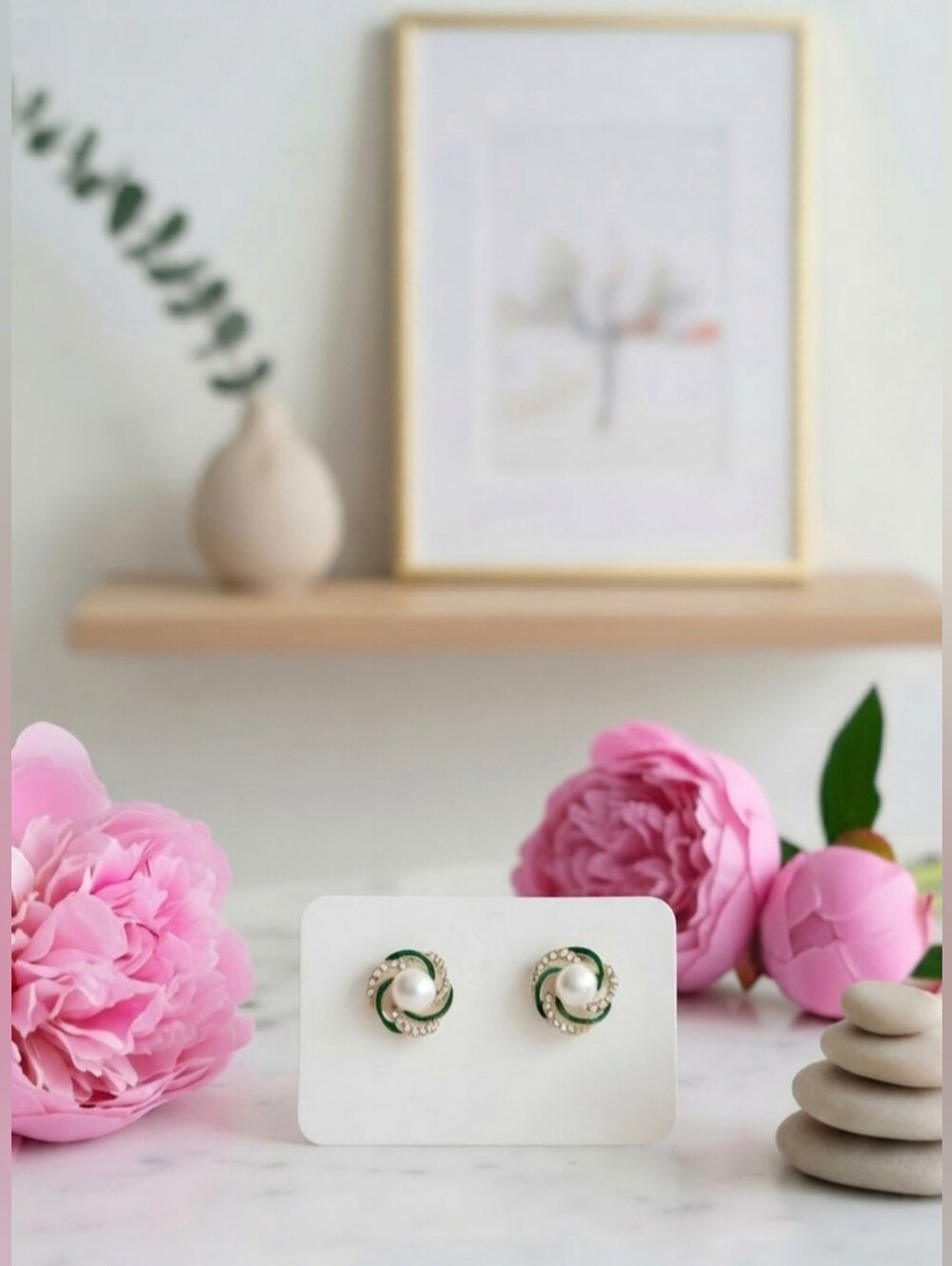 ​Vintage-Inspired Green Enamel & Pearl Rhinestone Swirl Stud Earrings